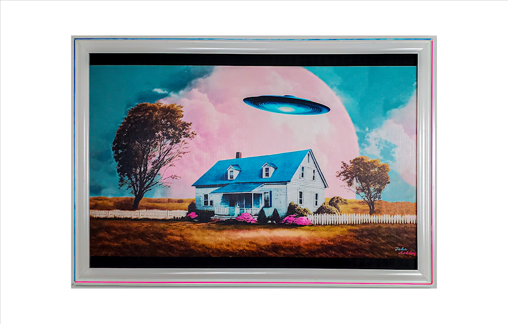 UFO hovering over a farmhouse with a bright pink sky and teal roof, artwork by Jake Ashley"