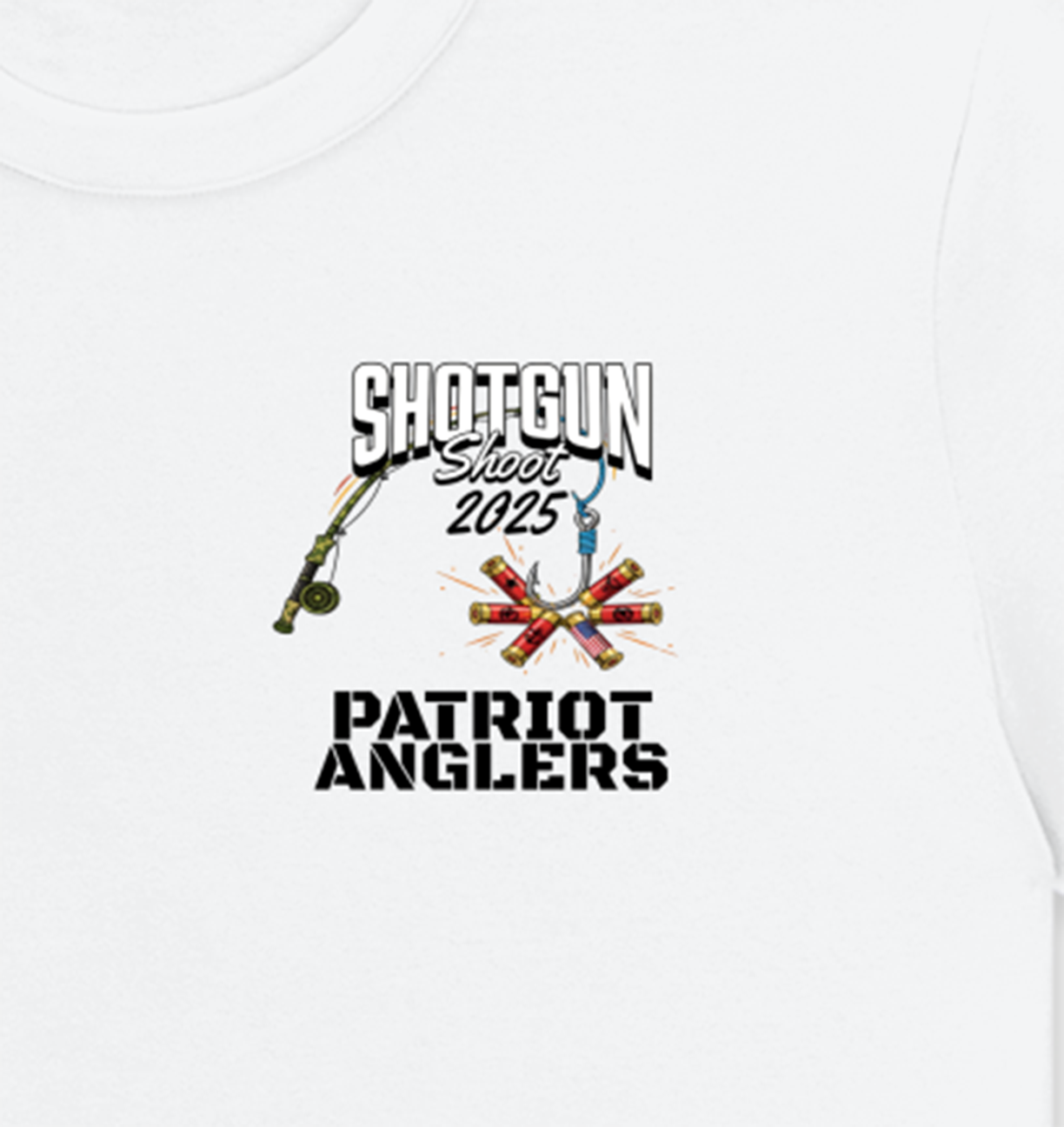 Patriot Anglers PA Shotgun Shoot 2025 T-shirt front view with Patriot Anglers logo supporting veteran fundraiser programs.