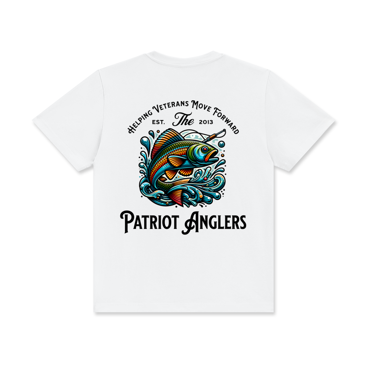 Back of PA Shotgun Shoot 2025 T-shirt featuring event logo and design promoting Patriot Anglers fundraiser.