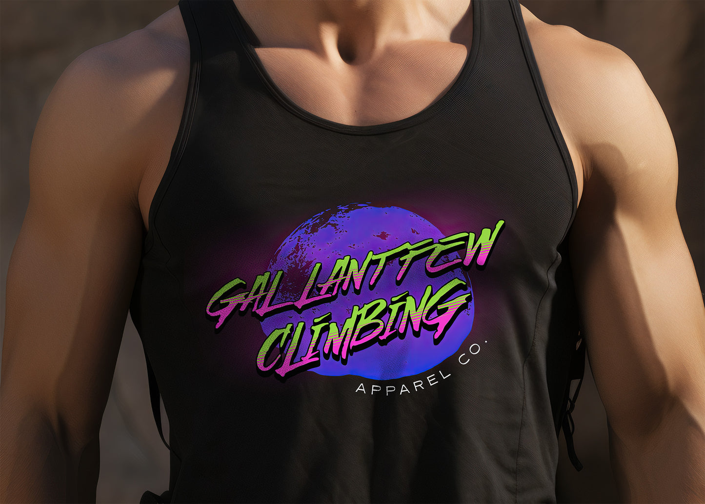 GallantFew Official 90s Rock Climbing Performance Muscle Tank Top Men's Woman's Black Close-Up