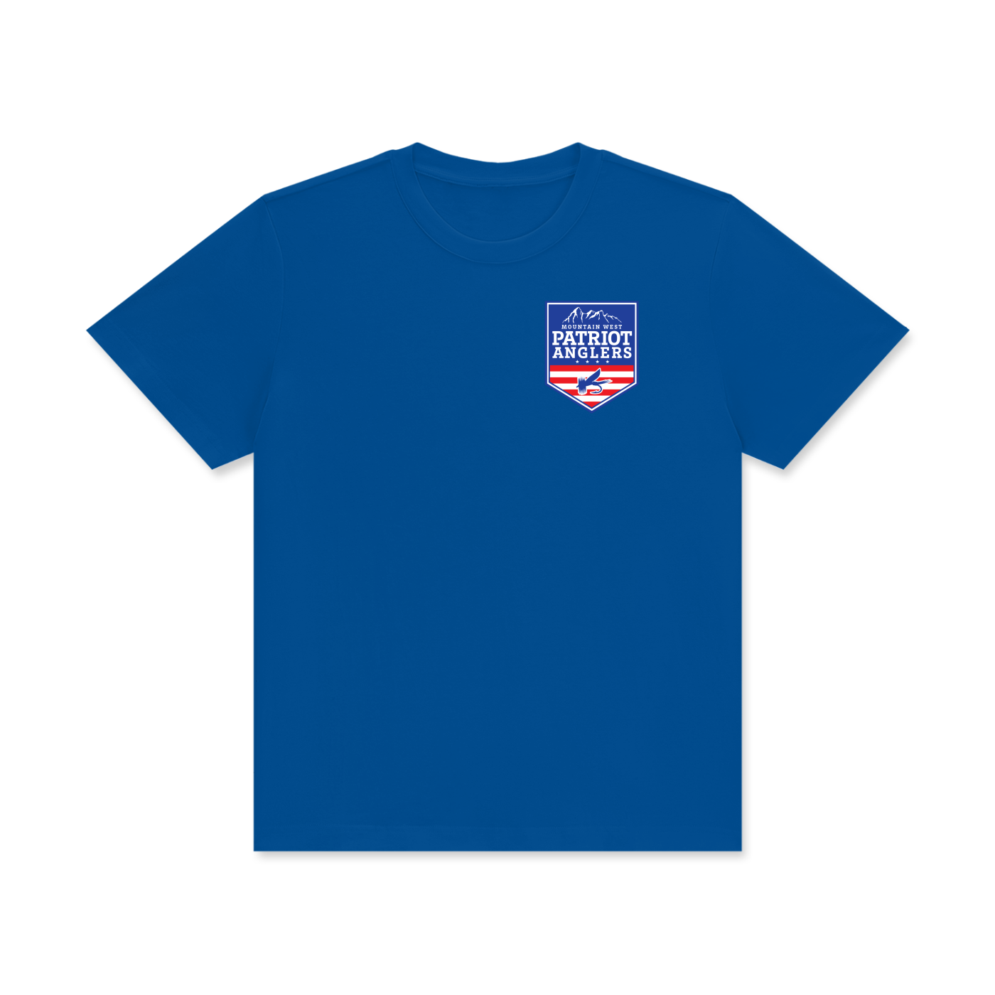 Patriot Anglers Mountain West “Cast Among Peaks” t-shirt front view with logo on chest, veteran fly fishing apparel.
