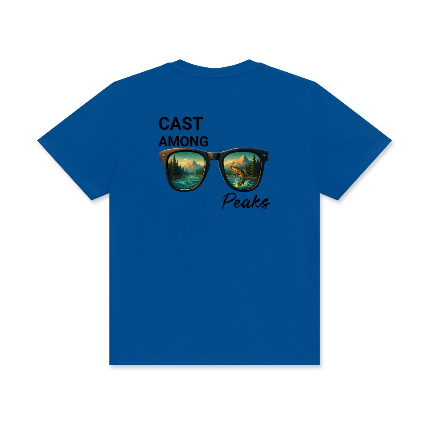 Back of “Cast Among Peaks” shirt showing mountain and river design with bold outdoor graphic.