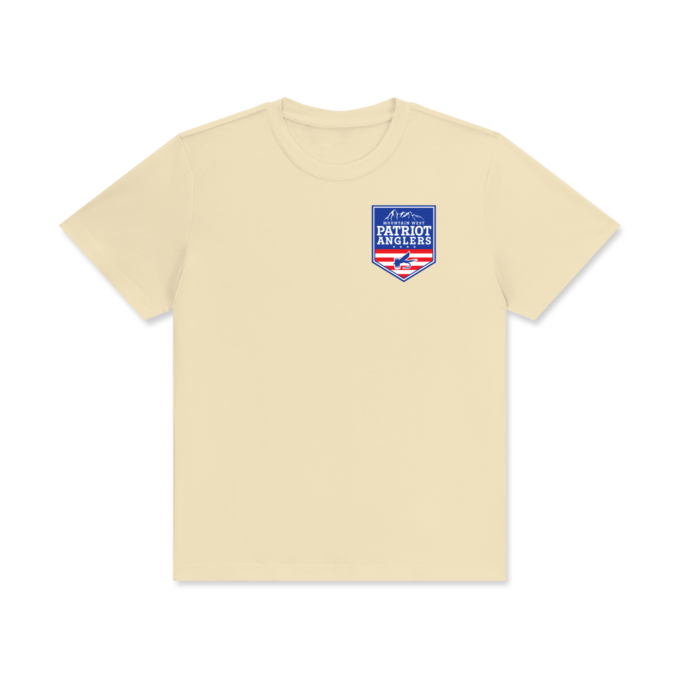 Patriot Anglers Mountain West “Cast Among Peaks” t-shirt front view with logo on chest, veteran fly fishing apparel.