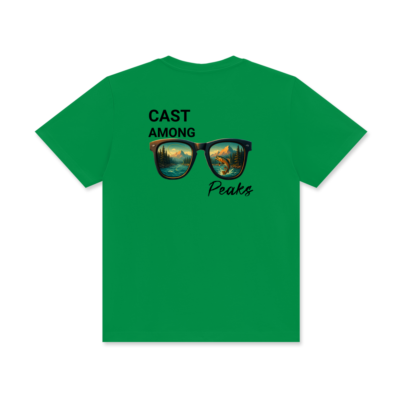 Back of “Cast Among Peaks” shirt showing mountain and river design with bold outdoor graphic.