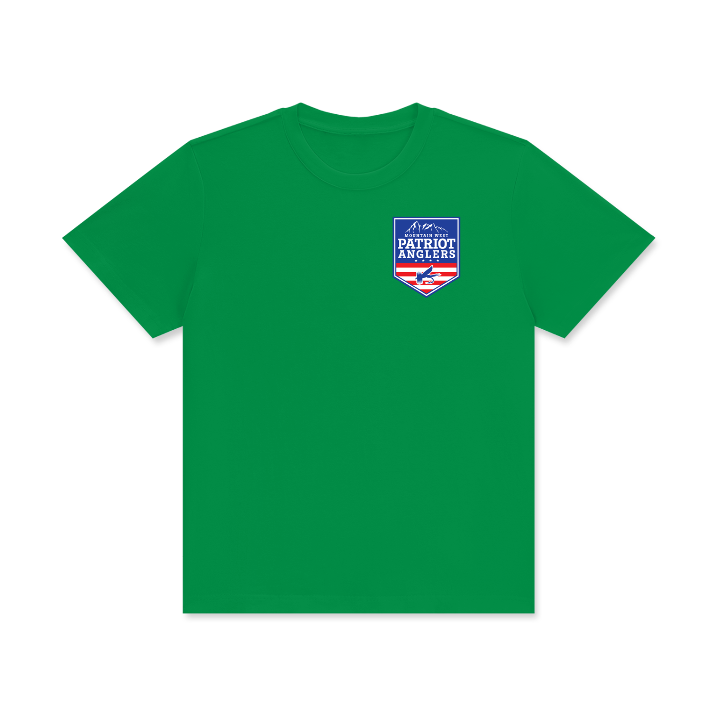 Patriot Anglers Mountain West “Cast Among Peaks” t-shirt front view with logo on chest, veteran fly fishing apparel.
