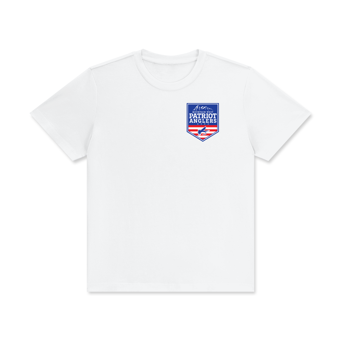 Patriot Anglers Mountain West “Cast Among Peaks” t-shirt front view with logo on chest, veteran fly fishing apparel.