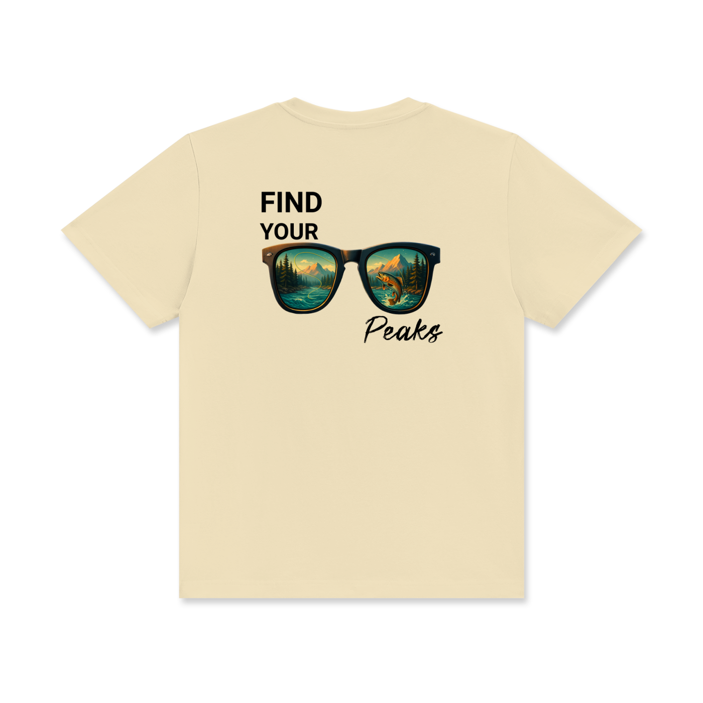 Back of “Find Your Peaks” shirt featuring bold mountain and river design symbolizing strength and healing through fishing.