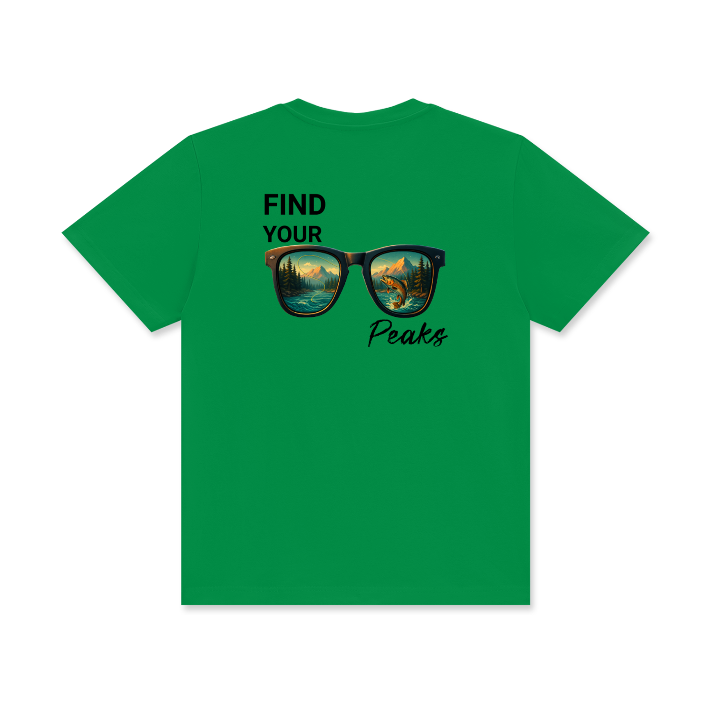 Back of “Find Your Peaks” shirt featuring bold mountain and river design symbolizing strength and healing through fishing.