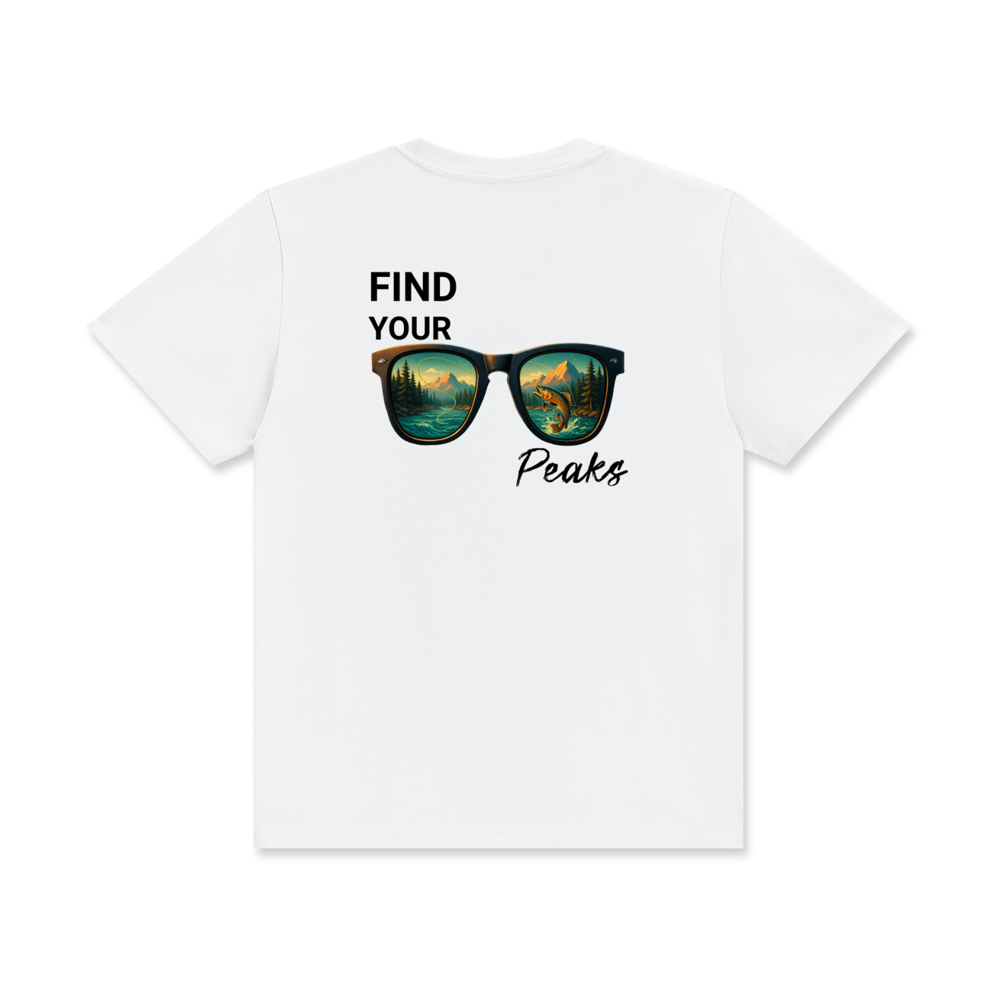Back of “Find Your Peaks” shirt featuring bold mountain and river design symbolizing strength and healing through fishing.