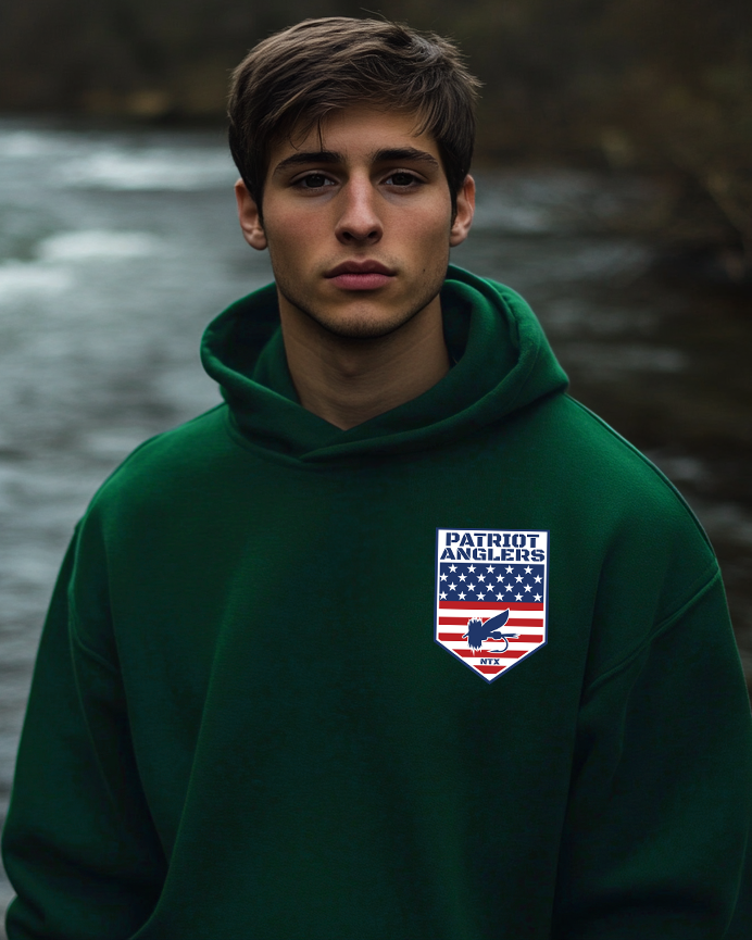 Patriot Anglers Original Heavy Hoodie Green Front Logo, Veteran Support Hoodie, Comfortable Durable Fishing Hoodie