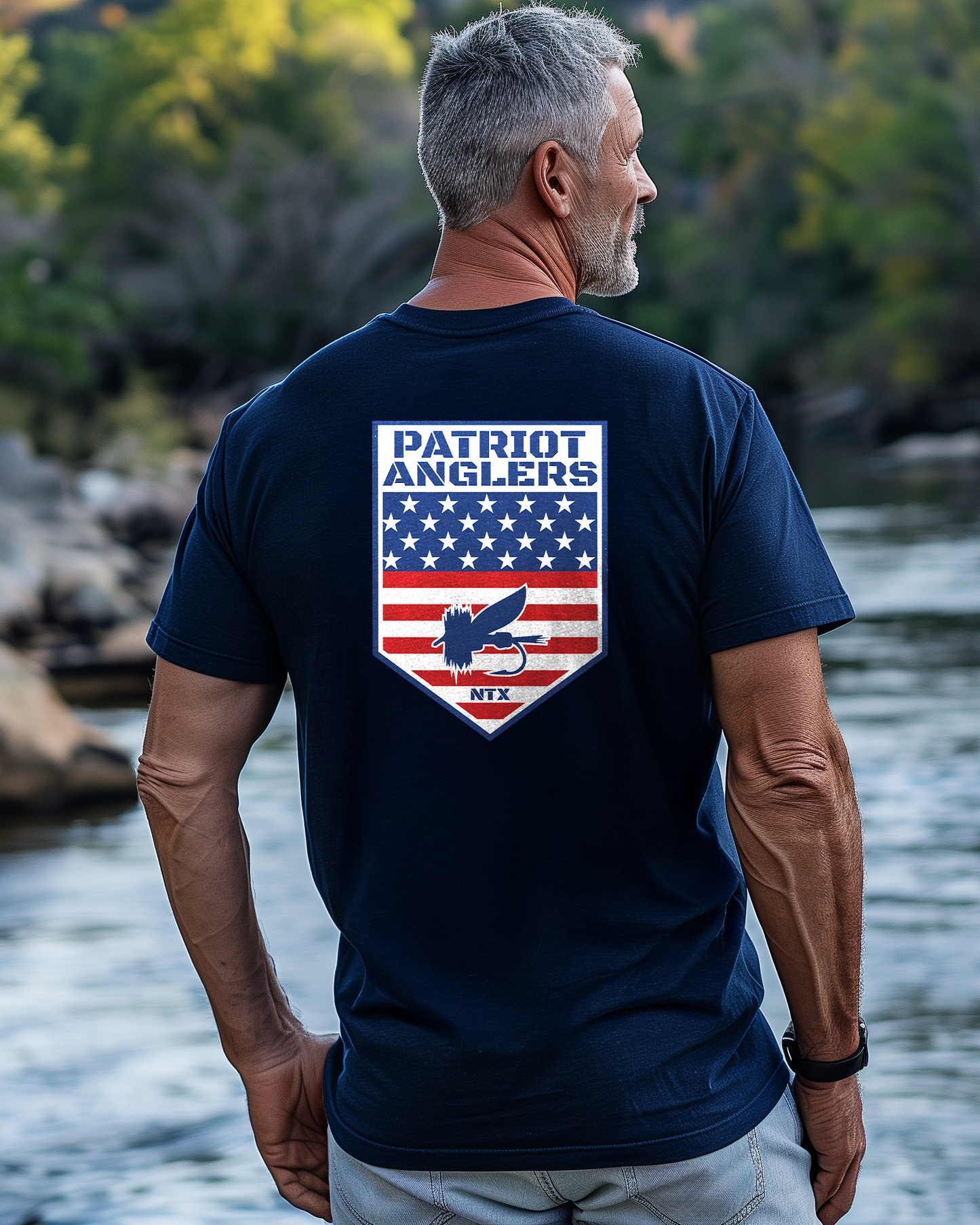 Patriot Anglers Steady Minds Fishing Shirt Support Veterans Back Navy Blue