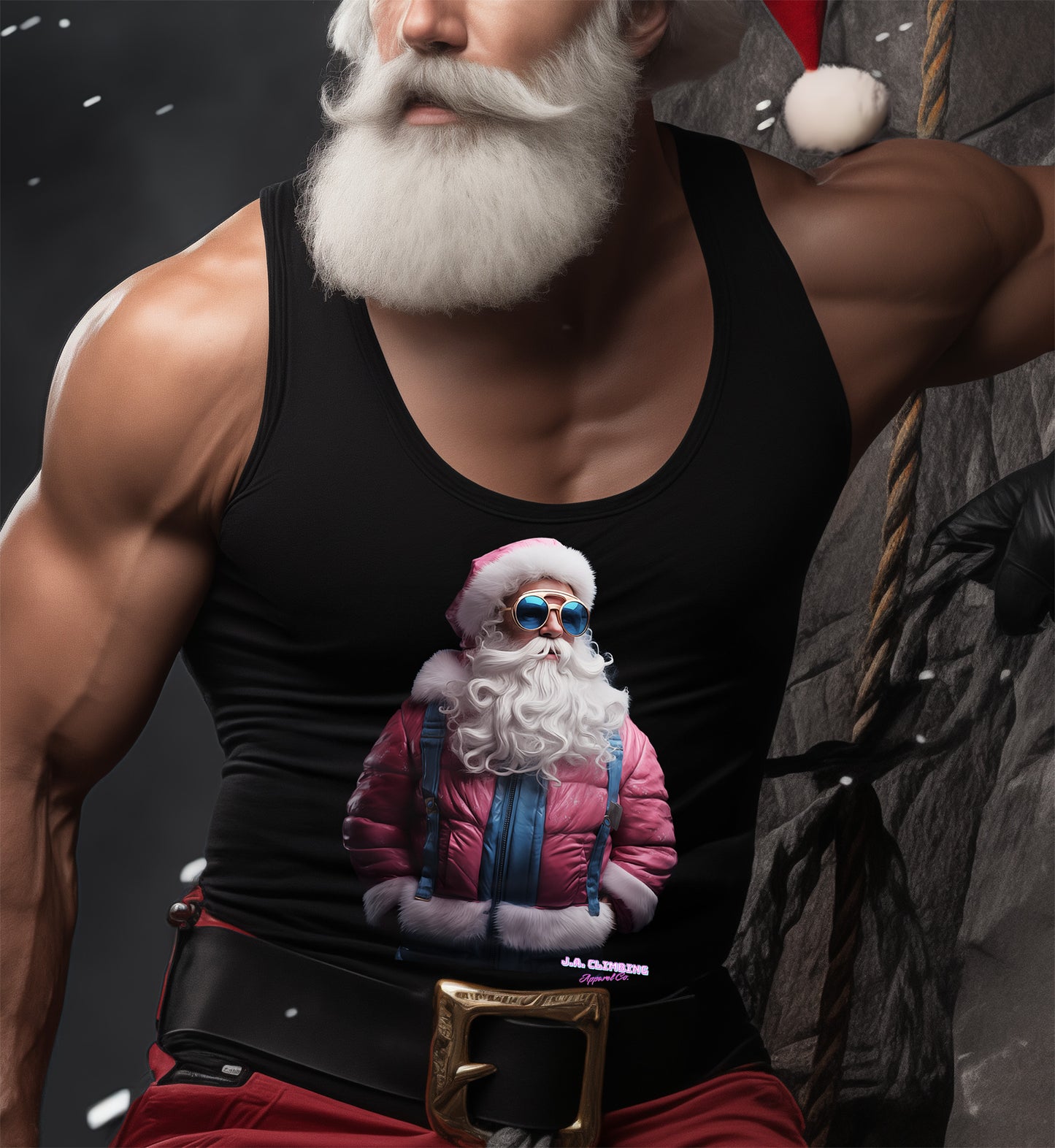 Snow Suit Santa Rock Climbing Performance Muscle Tank Top Men's Woman's Black Christmas