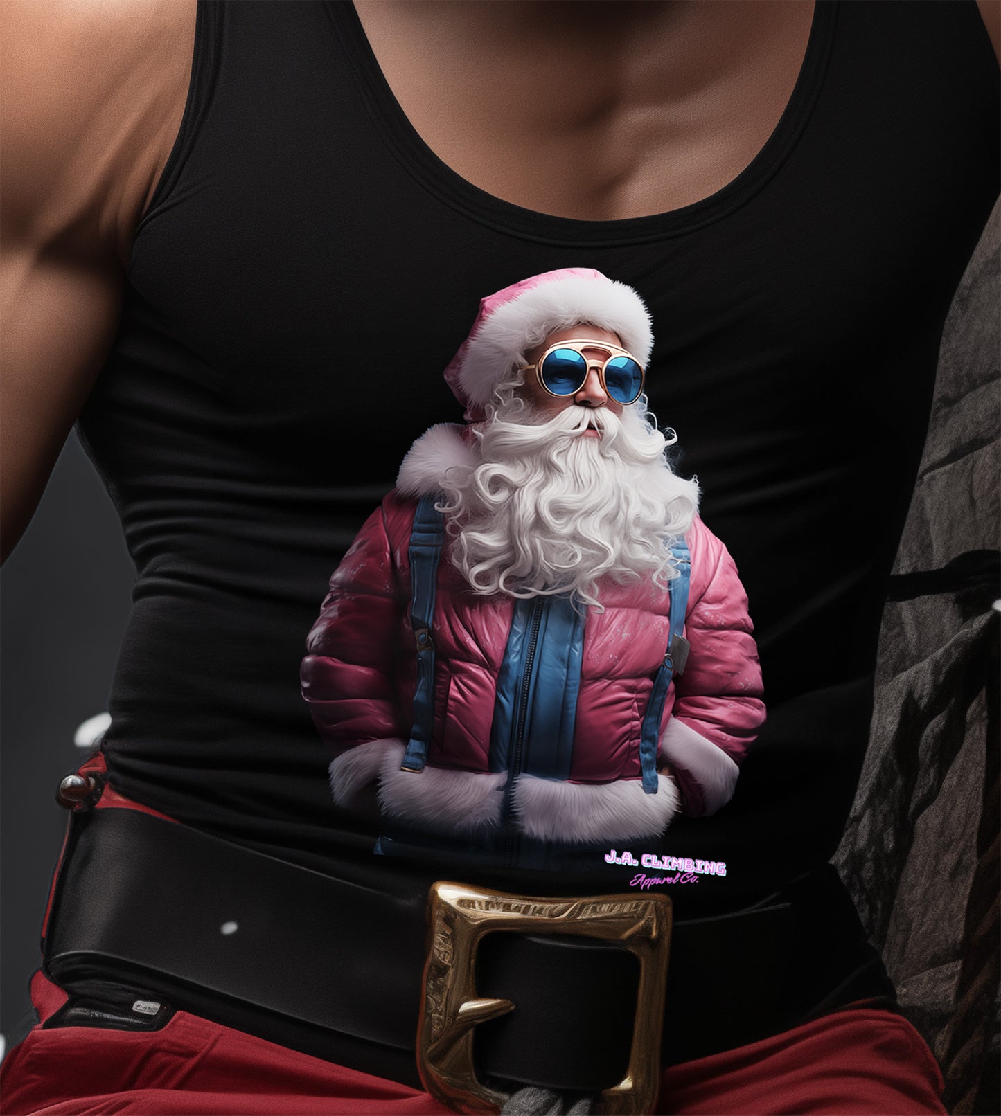 Snow Suit Santa Rock Climbing Performance Muscle Tank Top Men's Woman's Black Christmas Close-Up