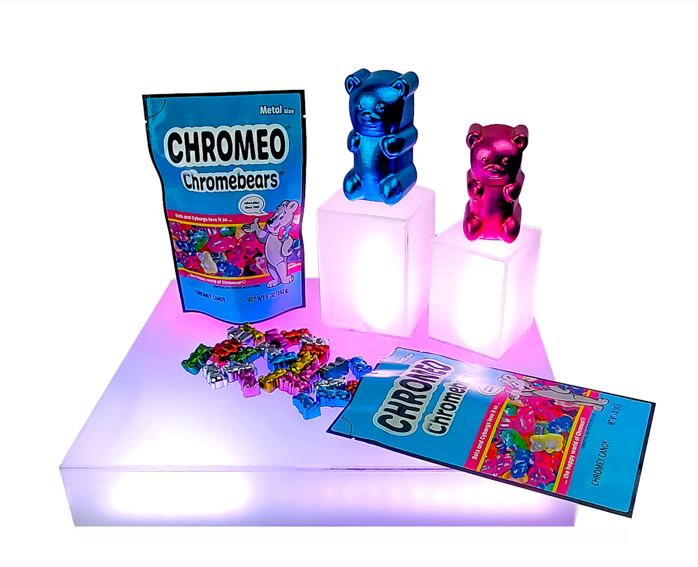 Chromeo Chromebears" Display Installation by Jake Ashley – mixed media sculpture with lighted base