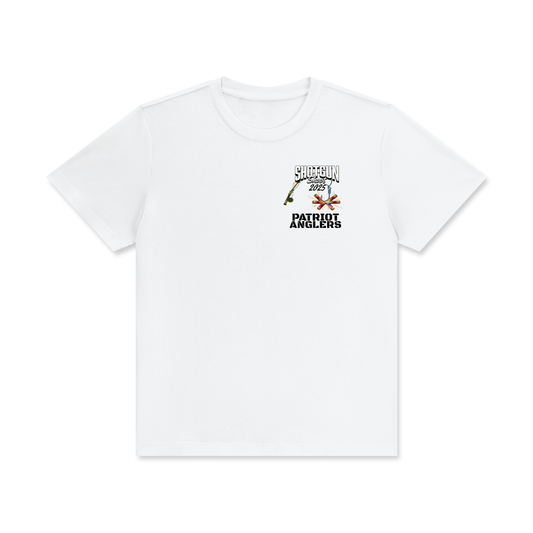 Patriot Anglers PA Shotgun Shoot 2025 T-shirt front view with Patriot Anglers logo supporting veteran fundraiser programs.