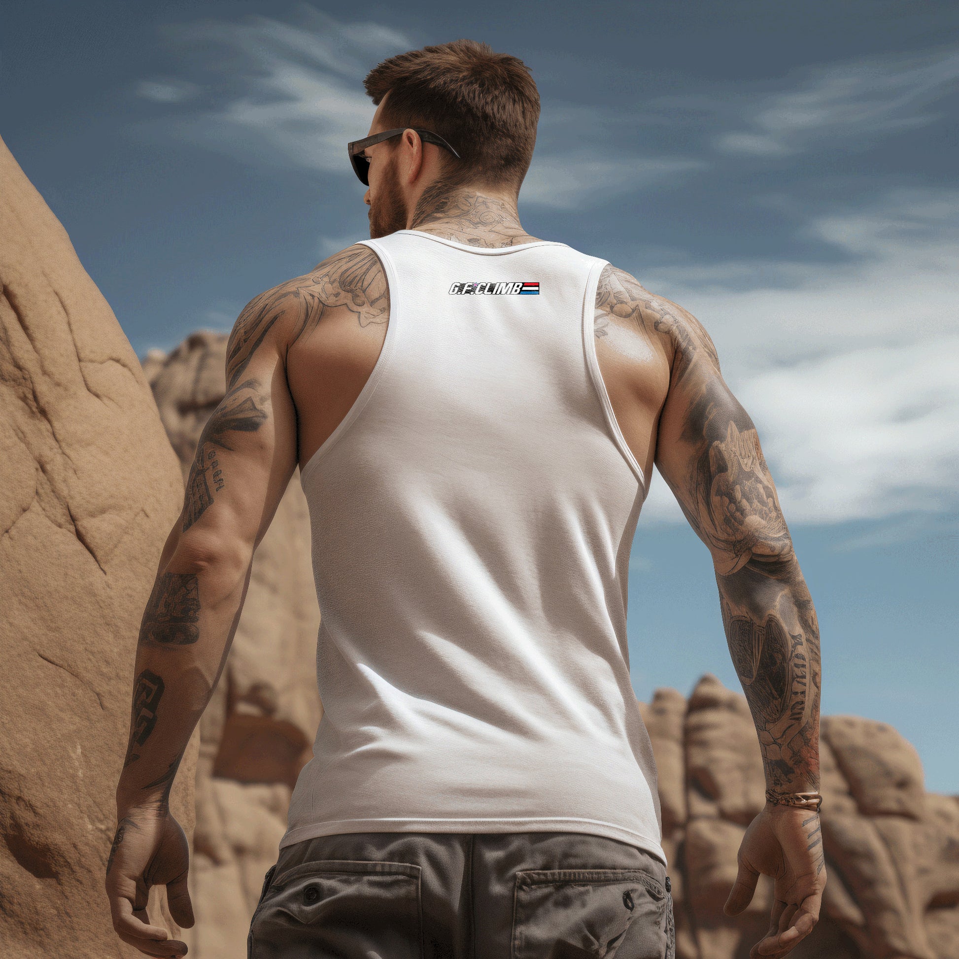 GallantFew Slick Shades Official Rock Climbing Performance Muscle Tank Top Men's Woman's White Back