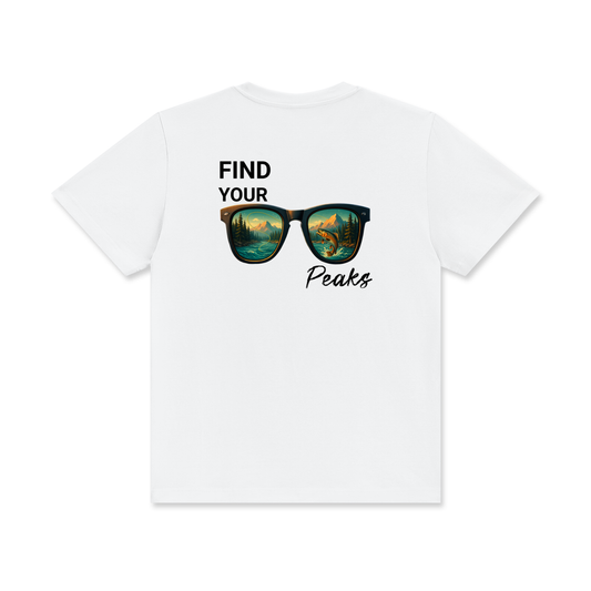 Back of “Find Your Peaks” shirt featuring bold mountain and river design symbolizing strength and healing through fishing.