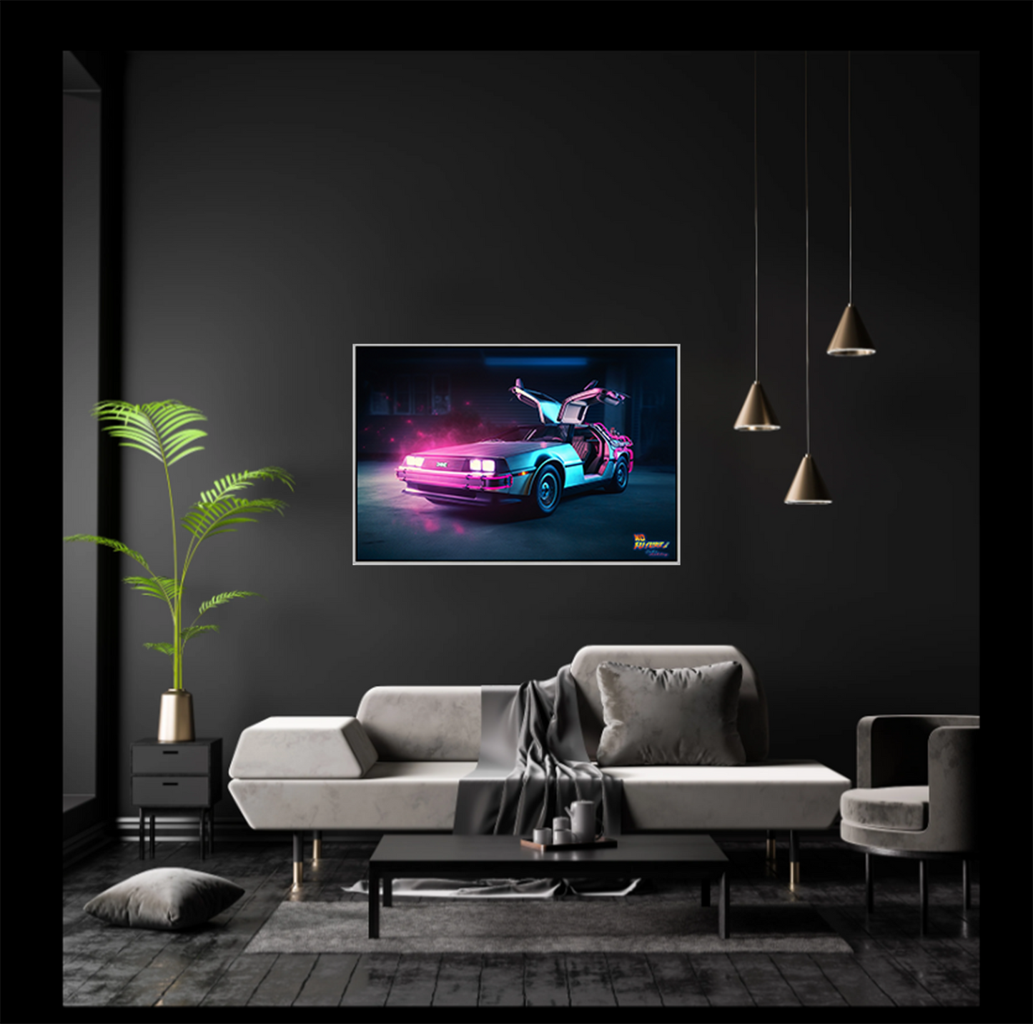 Neon DeLorean 24" x 36" limited Edition Acrylic Print in Stainless Steel Floating Frame