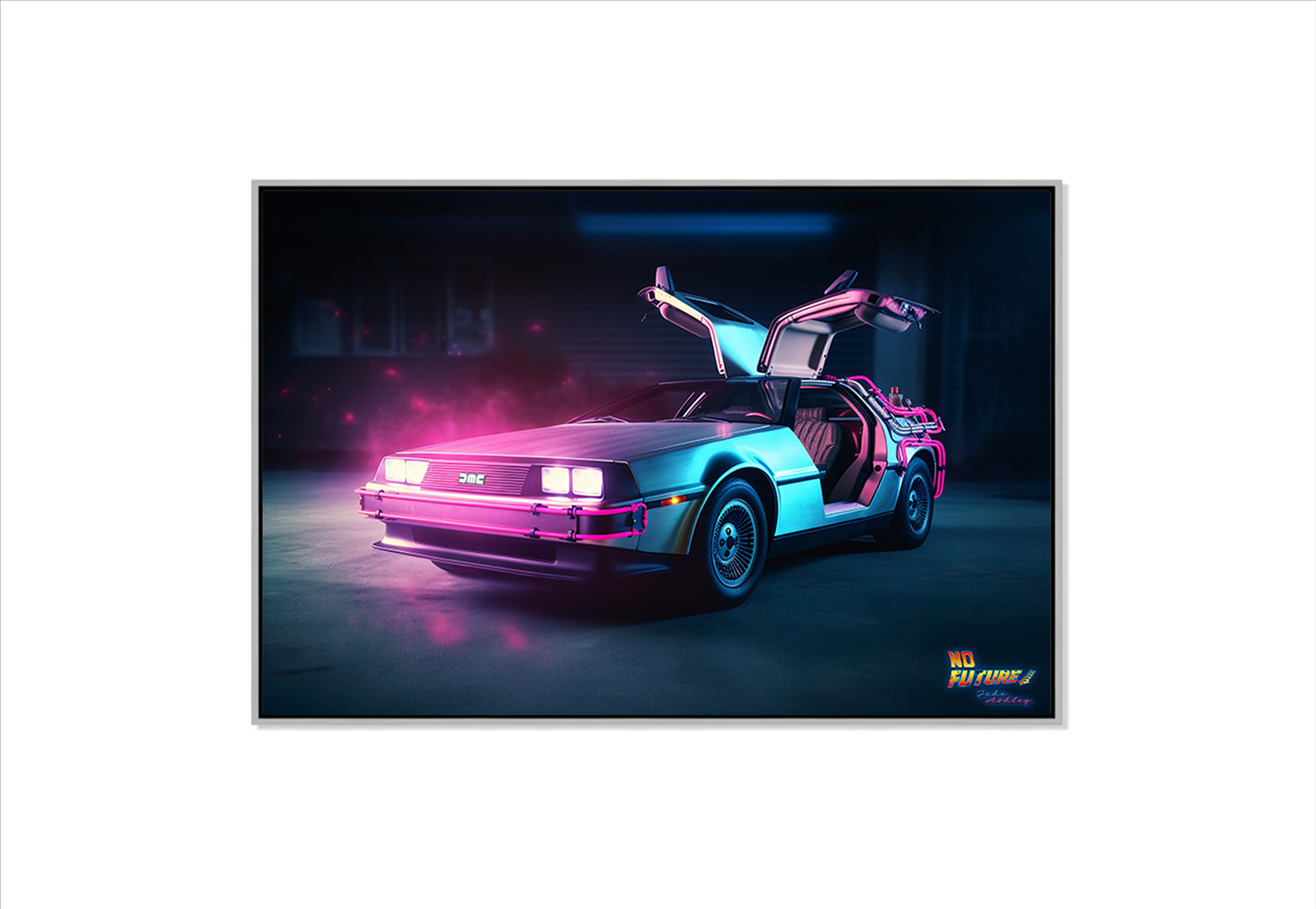 Neon DeLorean 24" x 36" limited Edition Acrylic Print in Stainless Steel Floating Frame