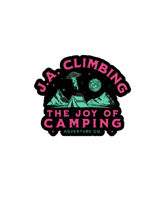 "The Joy of Camping" Holographic Rock Climbing Sticker by Jake Ashley
