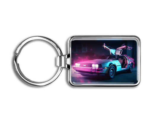 Neon DeLorean Keychain