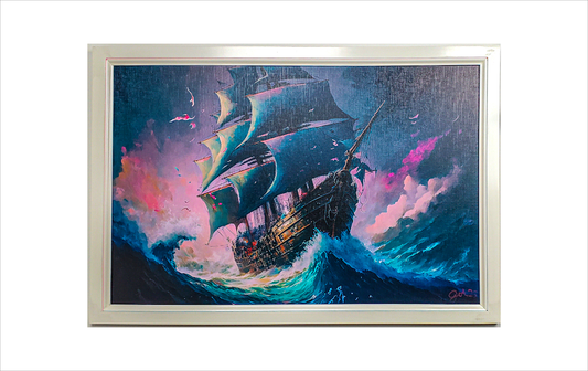 Jake Ashley's original "Blue Ship" artwork – custom framed mixed media piece from the Sea Stories collection