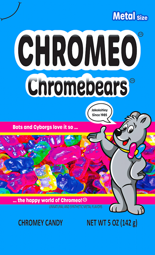 Chromeo Chromebears" candy bag sculpture by Jake Ashley – non-edible metal gummy bears in display bag