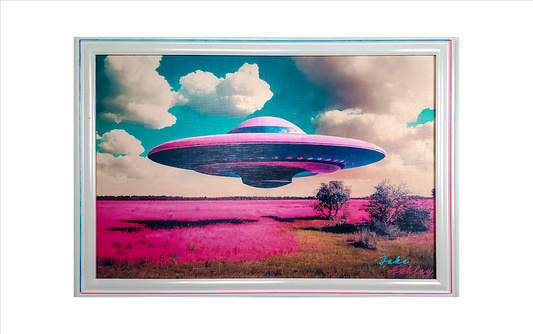 Jake Ashley's original "Flying Saucer" artwork – custom framed mixed media piece from the Abducted Series