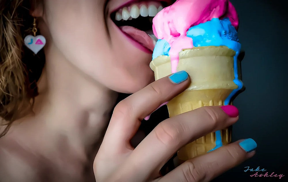 Ice Cream Original by Jake Ashley – mixed media photograph featuring heart earrings and pink and blue ice cream