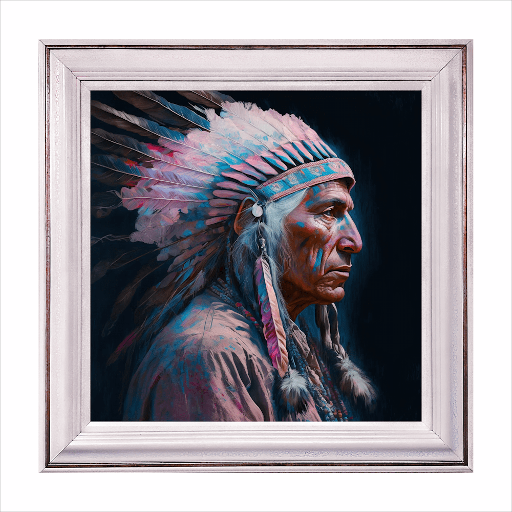 "Old Chief" by Jake Ashley – mixed media digital print of an old Indian chief in pink and blue hues, custom handmade frame