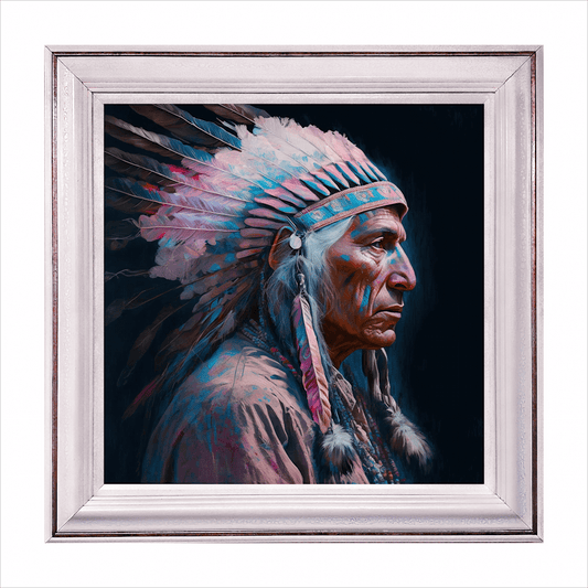 "Old Chief" by Jake Ashley – mixed media digital print of an old Indian chief in pink and blue hues, custom handmade frame