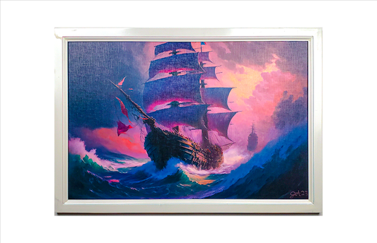 Jake Ashley's original "Pink Ship" artwork – custom framed mixed media piece from the Sea Stories collection
